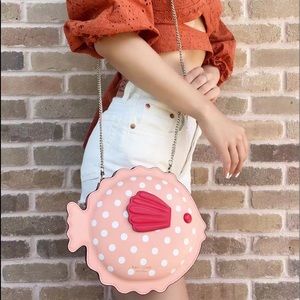 Kate Spade Novelty Bag Puffer Fish Leather Crossbody Guava Juice Pink White Dots